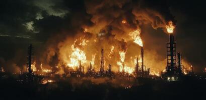 Industrial fire illuminates dark sky at oil refinery during night in a dramatic display photo