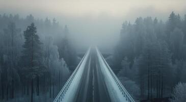 A snowy bridge crossing over a foggy valley surrounded by pine trees in winter photo