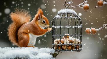 A curious squirrel reaching for hazelnuts in a snowy winter setting near a birdcage photo