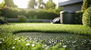 Lush green garden with sparkling water feature during sunny afternoon photo