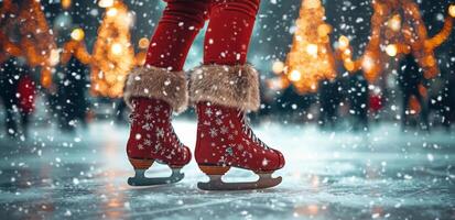 Red ice skate on frozen surface with festive lights in the background during winter holiday season photo