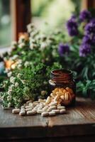 Herbal remedy preparation on a wooden table in a garden during daylight photo