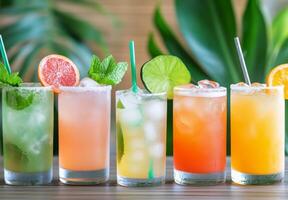 A selection of colorful refreshing cocktails served on a wooden table with lush greenery photo