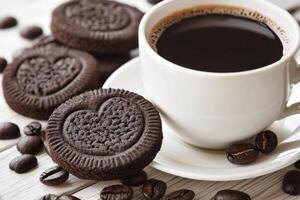 Enjoying heart shaped cookies with coffee and roasted beans on a cozy table setting photo