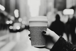 Enjoying a warm cup of coffee on a bustling city street during a sunny day photo
