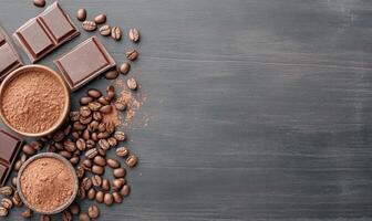 Rich chocolate and coffee arrangement on wooden surface with cocoa powder and beans photo