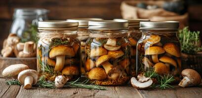 Mushrooms preserved in jars with burlap lids on wooden table in rustic kitchen setting photo