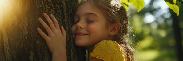 Child enjoys a peaceful moment embracing a tree in a sunlit park during a warm summer afternoon photo