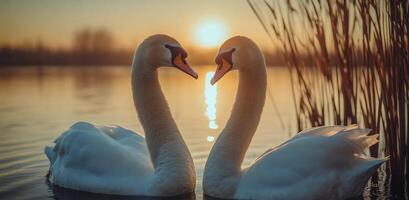 Swans swimming gracefully at sunset in a serene lake surrounded by nature photo