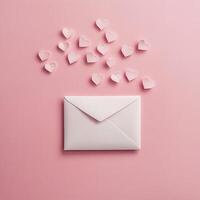 Hearts flying out of an envelope on a pink background in a creative celebration of love photo