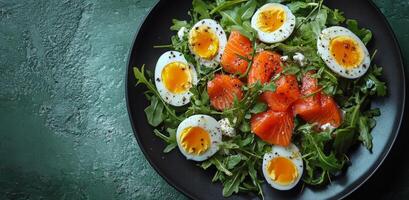 Fresh salad with salmon, eggs, and cherry tomatoes on a green textured surface in natural light photo