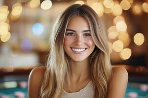 Young woman with long hair smiles warmly in a vibrant indoor setting with soft lights photo