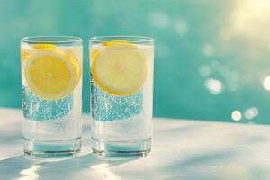 Refreshing lemonade served in glasses by the poolside on a sunny summer day photo