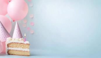 A delightful birthday cake with candles sitting next to pink balloons for a festive celebration photo