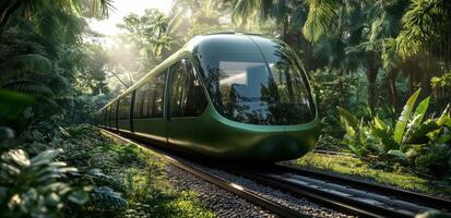 A modern train traveling through a lush tropical forest during the day photo