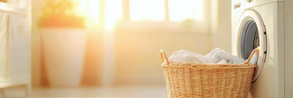 Bright laundry room in the morning with a washing machine and a basket of clean clothes photo