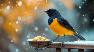 A colorful bird perched on a snowy seat enjoying seeds during a winter snowfall photo