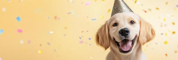 Happy dog wearing a festive party hat surrounded by colorful confetti in a cheerful setting photo