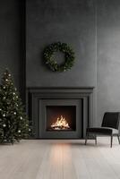 Cozy holiday setting with a decorated tree, fireplace, and festive wreath in a modern room photo