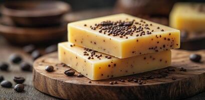 Delicious coffee scented soap bars on a wooden surface with scattered coffee beans photo