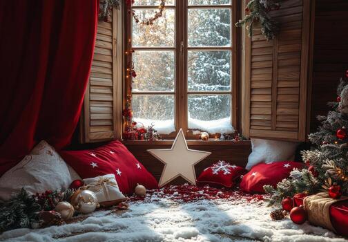 Cozy winter window with decorative star and festive pillows in a rustic cabin setting photo