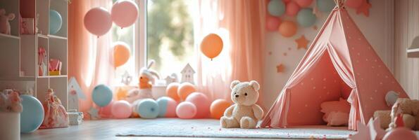 Cozy play area with pastel colors, balloons, and a teddy bear in a childrens room photo