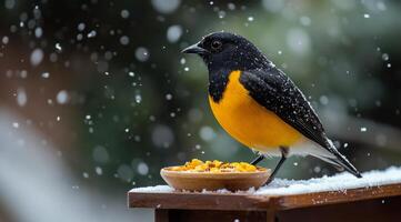 A colorful bird perched on a snowy seat enjoying seeds during a winter snowfall photo
