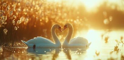 Swans forming a heart shape at sunset by the lake in early spring photo