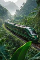 A green train journeys through a lush jungle at sunrise, highlighting natures beauty photo