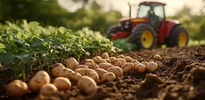 agricultores cosecha Fresco patatas en un soleado campo con un tractor durante el noche dorado hora foto