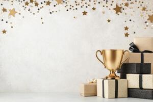 Celebration with a golden trophy and gift box surrounded by glittering stars and ribbons photo