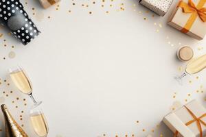 Celebratory scene with champagne and gifts for a festive occasion on a light background photo