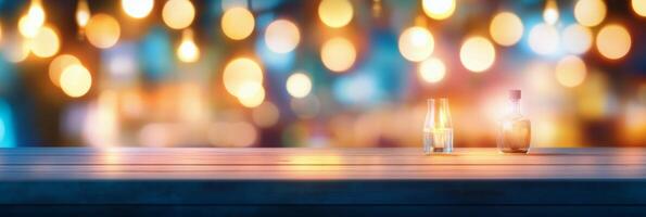 Two sparkling drinks on a table with a blurred background of colorful lights photo