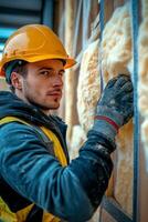 Construction worker insulating wall with foam at a building site in the afternoon light photo
