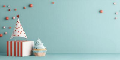 Colorful birthday decorations with cupcake and gift box on blue background for celebration photo