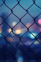 Urban night view through chain link fence with blurred city lights in the background photo