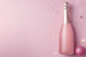 Sparkling champagne bottle with glass and festive decorations on a soft pink background photo