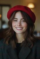 Young woman with a red beret smiles warmly while sitting in a cozy cafe during daylight hours photo