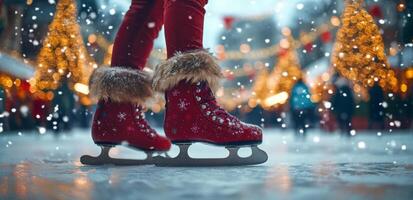 Red ice skate on frozen surface with festive lights in the background during winter holiday season photo