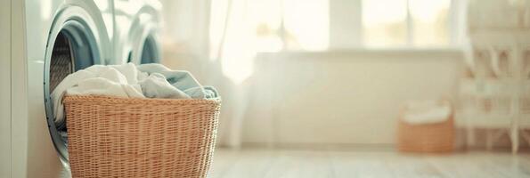 Bright laundry room in the morning with a washing machine and a basket of clean clothes photo