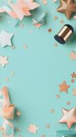 Celebratory moment with sparkling drinks and golden confetti on a blue background photo