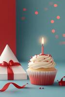 Festive cupcake with candle surrounded by gifts and decorations for a celebration photo