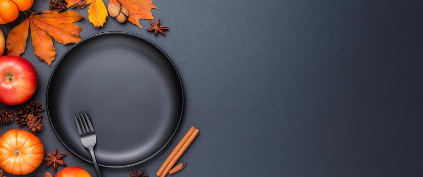 A rustic autumn display with pumpkins, apples, and spices around a black frying pan photo