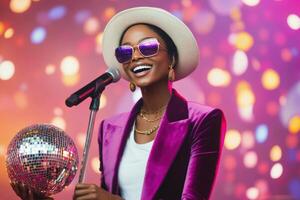 A woman in a purple blazer sings passionately while holding a sparkling microphone on stage at night photo