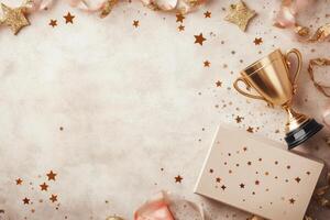 Celebration with a golden trophy and gift box surrounded by glittering stars and ribbons photo