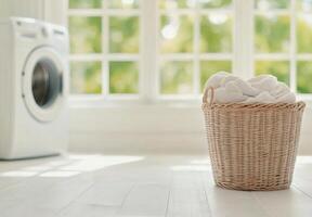 Cozy laundry room with wicker basket holding fresh linens near bright window photo
