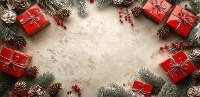 Festive holiday decorations with red gifts, pine cones, and evergreen branches on a light background photo
