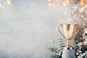 Golden trophy surrounded by flowers and fairy lights for celebratory event at night photo