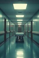 An empty hospital corridor with a gurney during a calm afternoon photo