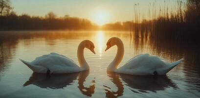 Swans swimming gracefully at sunset in a serene lake surrounded by nature photo